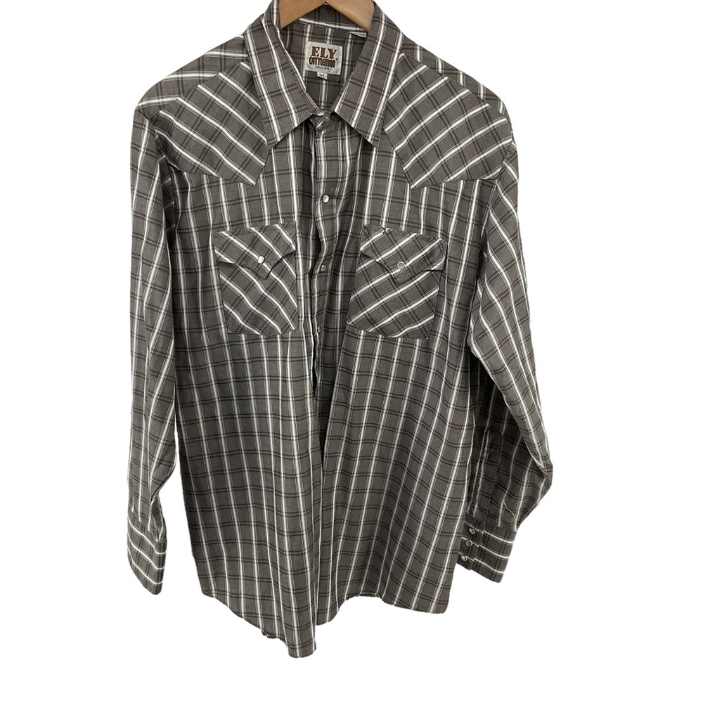 ELY CATTLEMAN Mens Western Pearl Snap Shirt Long Sleeve Size‎ XL Gray Plaid